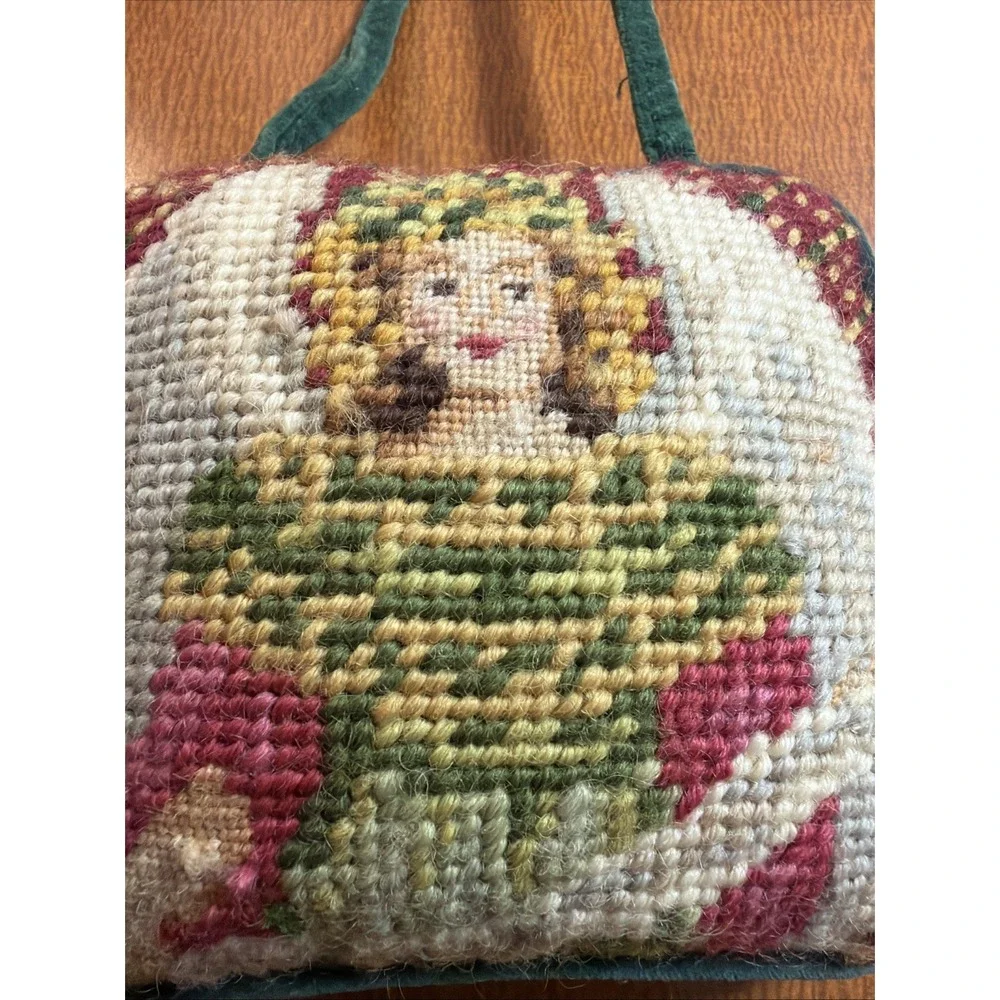 Vtg Needlepoint Angel Pillow Christmas Red Green Velvet Back 5